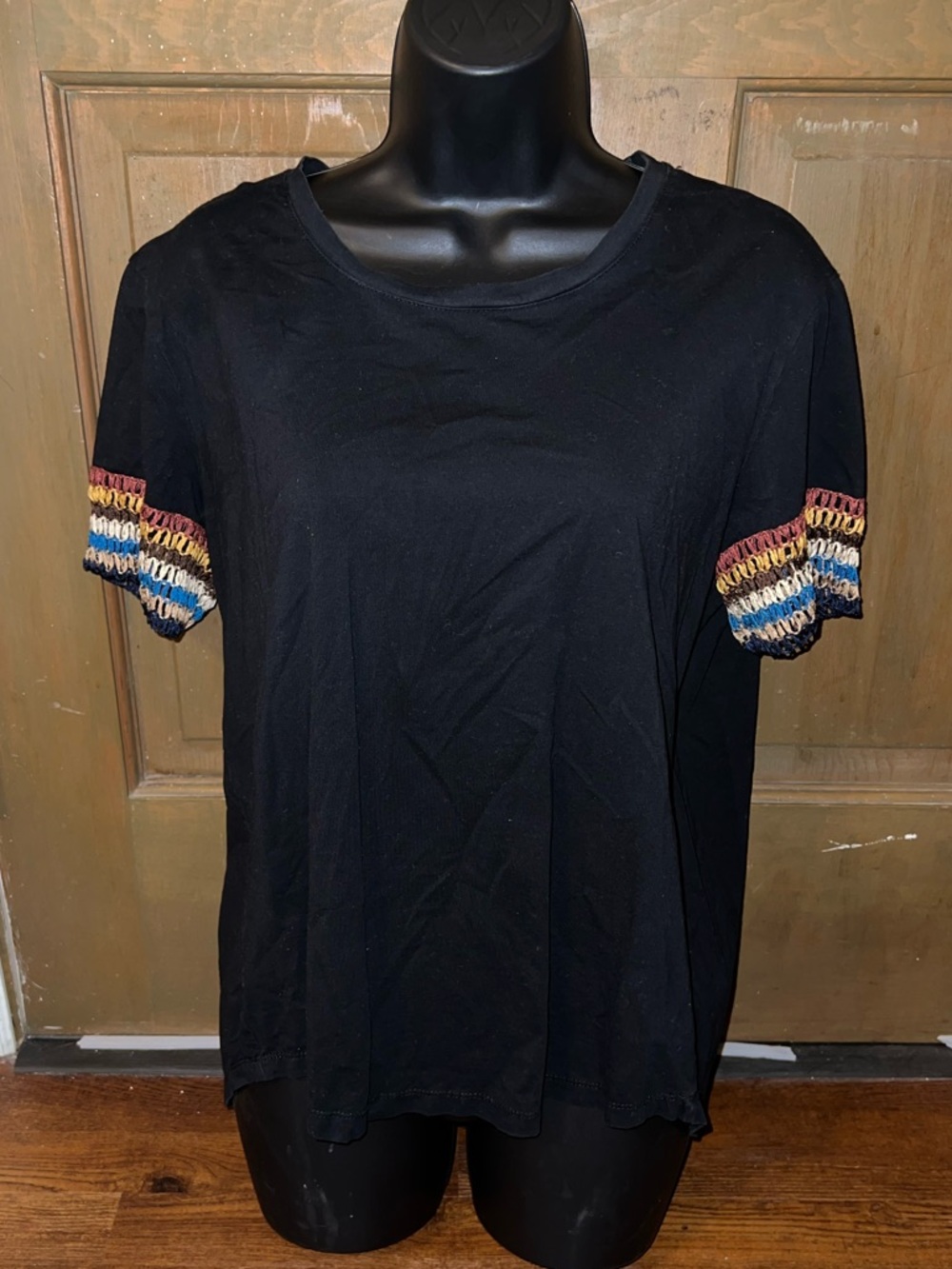 Amaryllis Black Multicolor Boho Short Sleeve Crochet Trim Relax Fit Shirt Size L - Picture 1 of 7